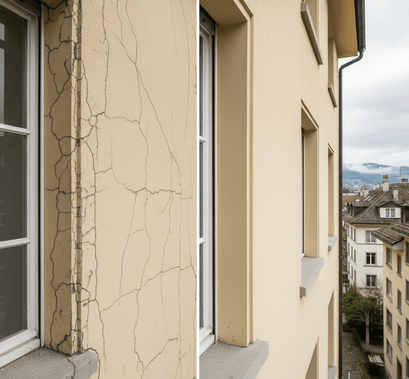 Ausgebesserte Fassadenfläche nach der Rissbehandlung