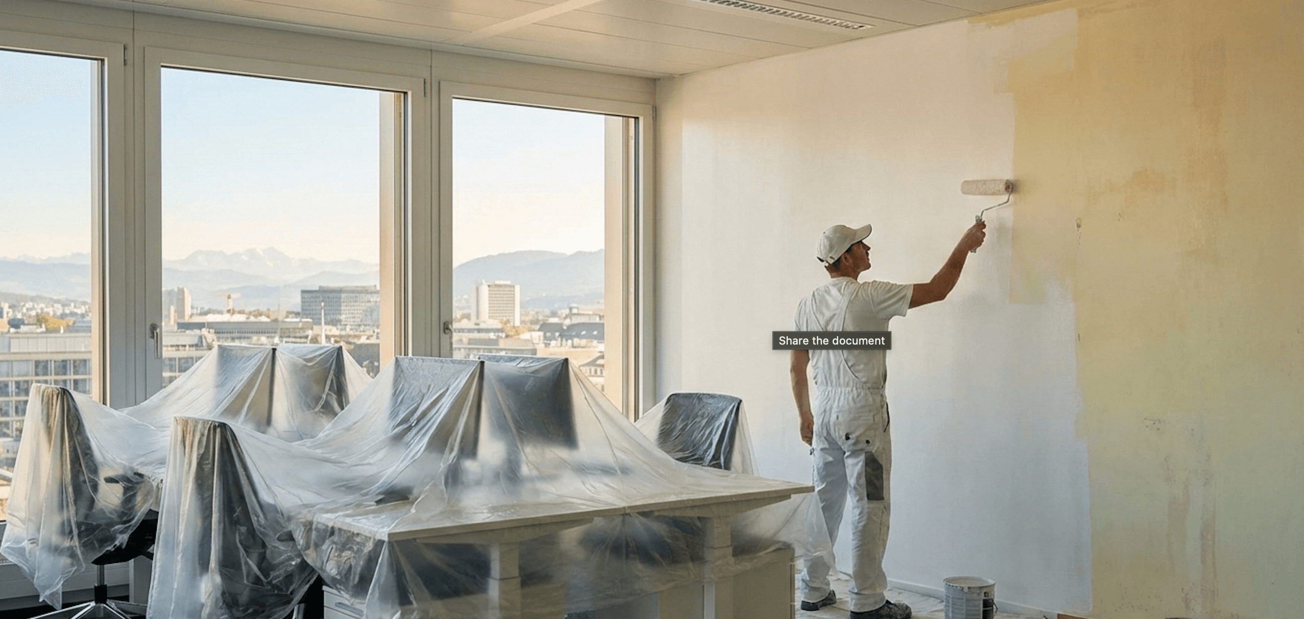 Maler streicht Bürowand in modernem Grossraumbüro