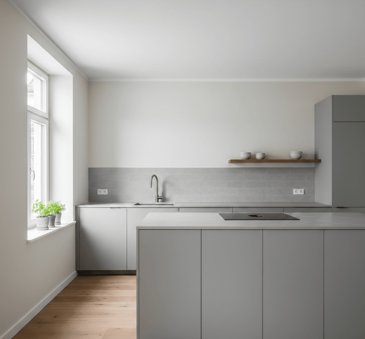 Frisch gestrichene Küche mit heller Wand