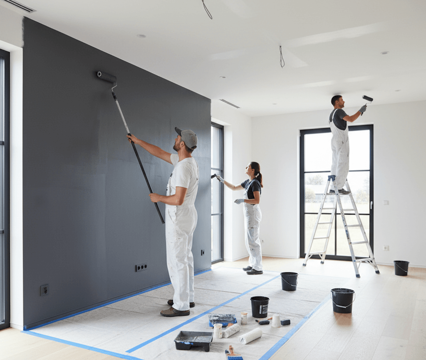 Maler streicht Wohnzimmerwand mit Farbrolle