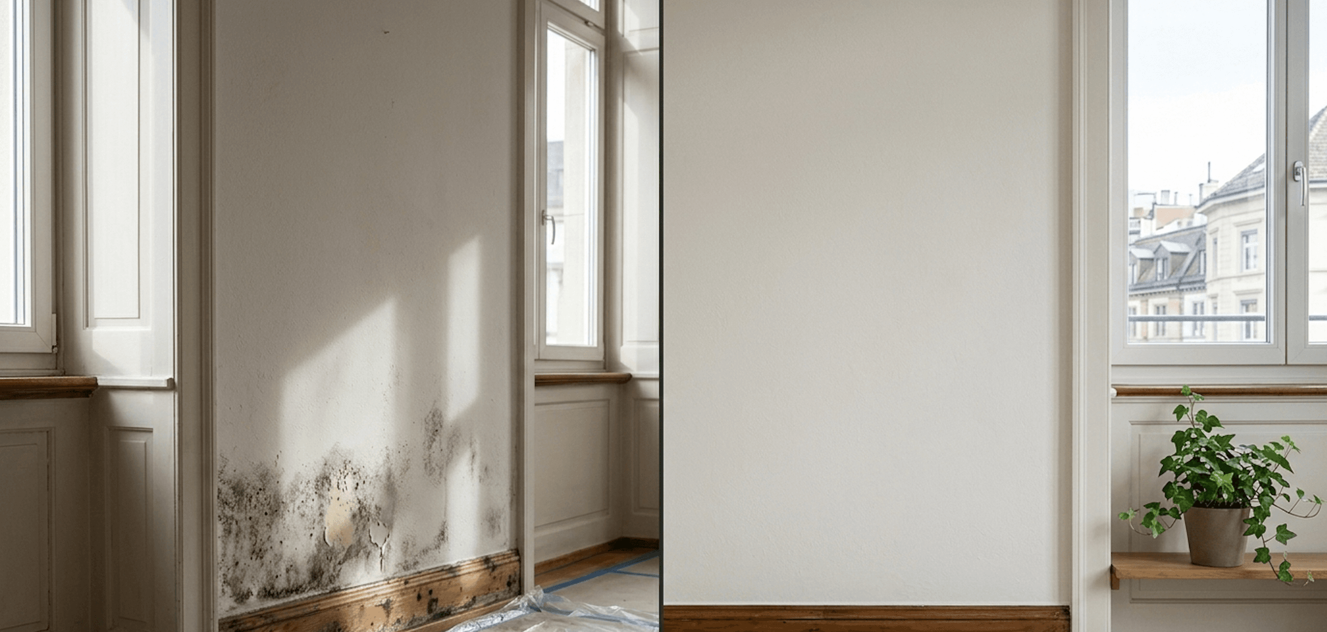 Vorbereitete Wandfläche während der Sanierung