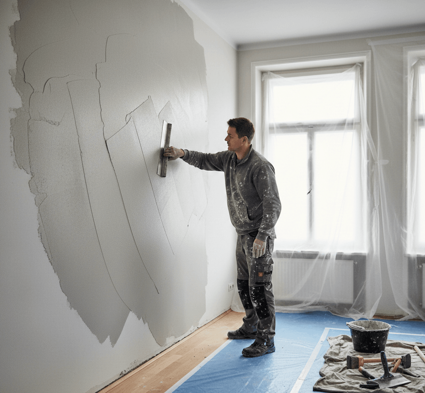 Wand wird für Spachtelarbeiten vorbereitet