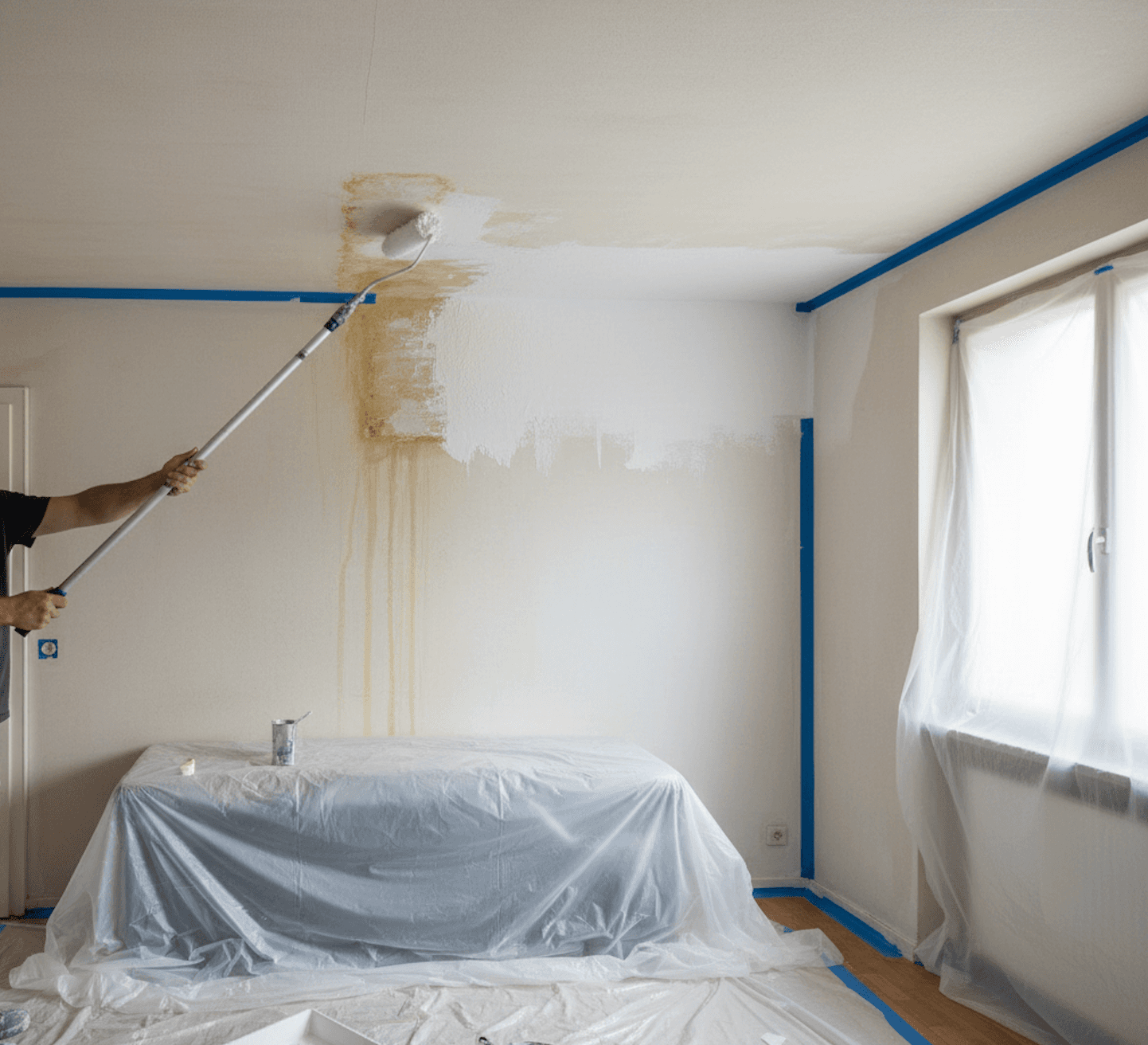 Wasserfleck an der Decke wird mit Sperrgrund behandelt