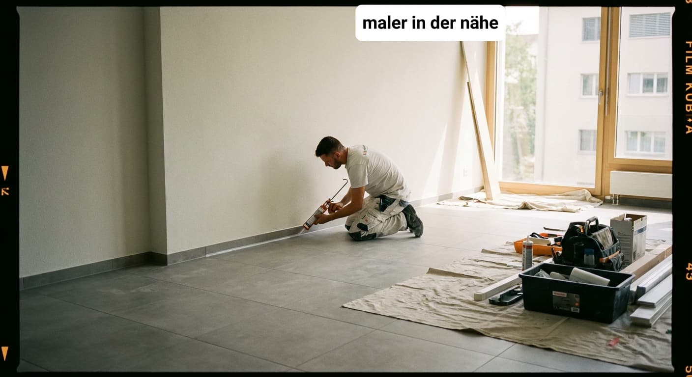 Maler in der Nähe koordiniert Bodenfliesen im Gewerberaum – saubere Sockelfuge und Wandfinish von SILTEK GmbH