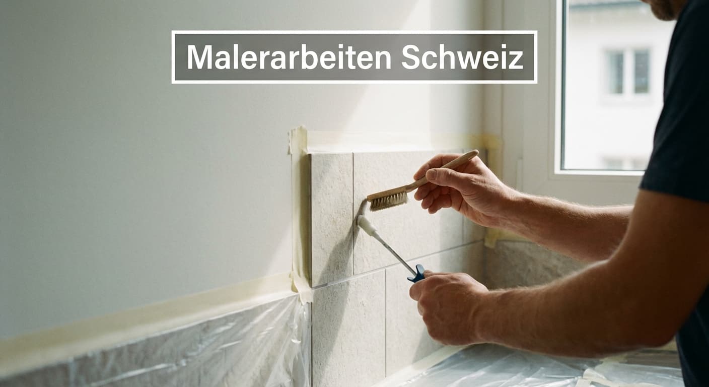 Malerarbeiten Schweiz in einer renovierten Küche, Handwerker versiegelt mineralische Fliesenfugen am Fliesenspiegel